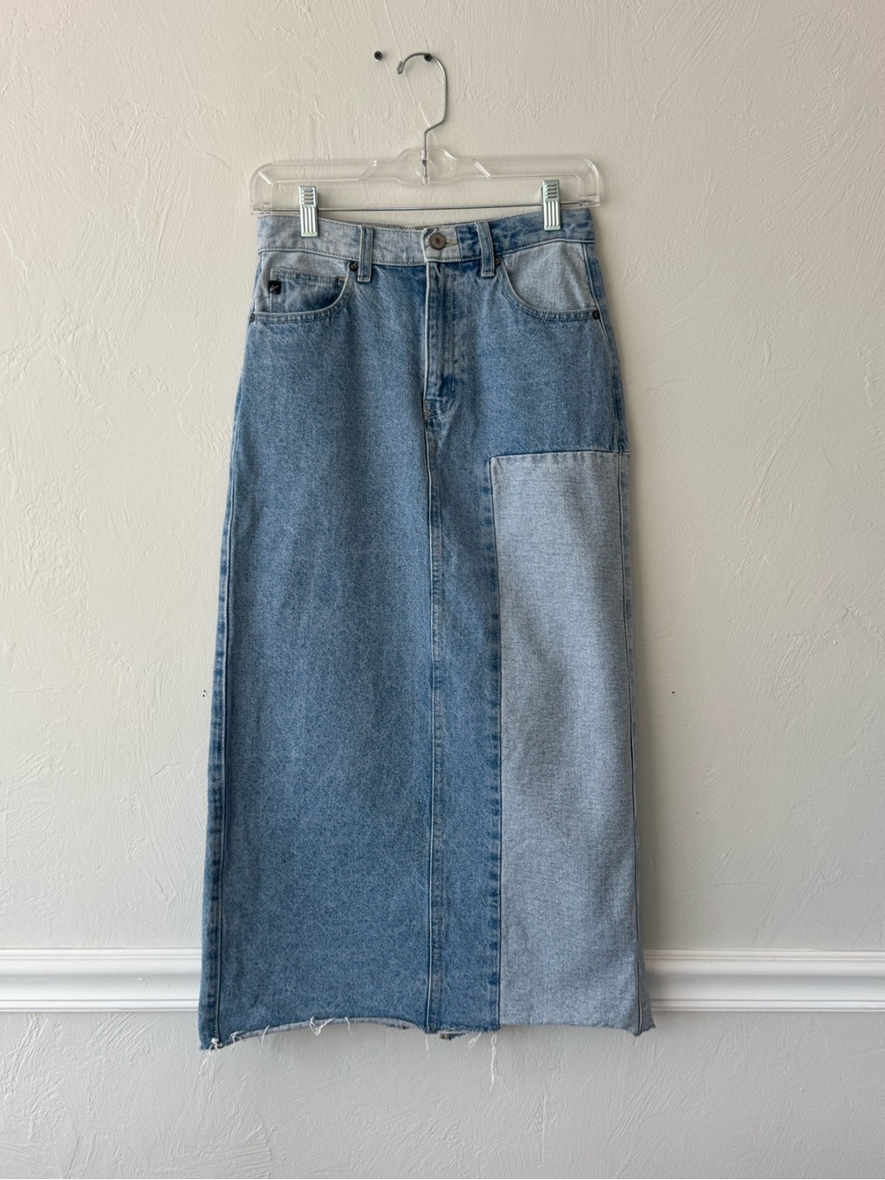 Vici Two-Tone Light Blue Patchwork Denim Maxi Skirt